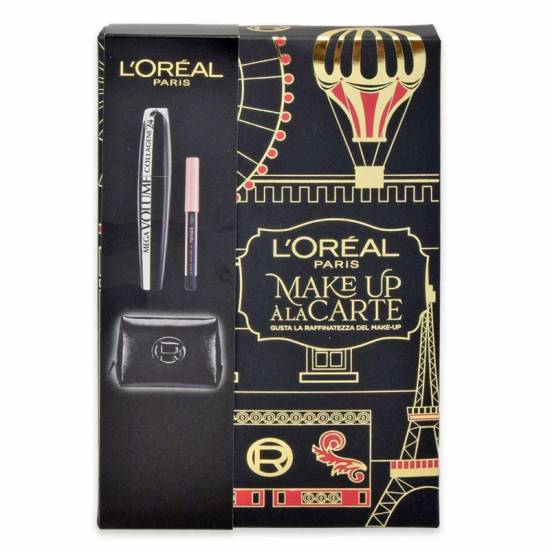 L`Oreal Confezione con Mascara Mega Volume Collagene 24H, Mini-Matita Occhi e Pochette