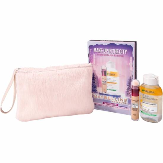 Maybelline Cofanetto Make Up In The City con Correttore Cancella Età 02, Acqua Micellare e Pochette